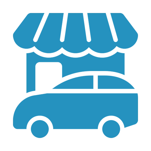 Dieses Symbol zeigt ein Auto vor einem Gebäude, das Autohäuser und Verkaufsräume symbolisiert.