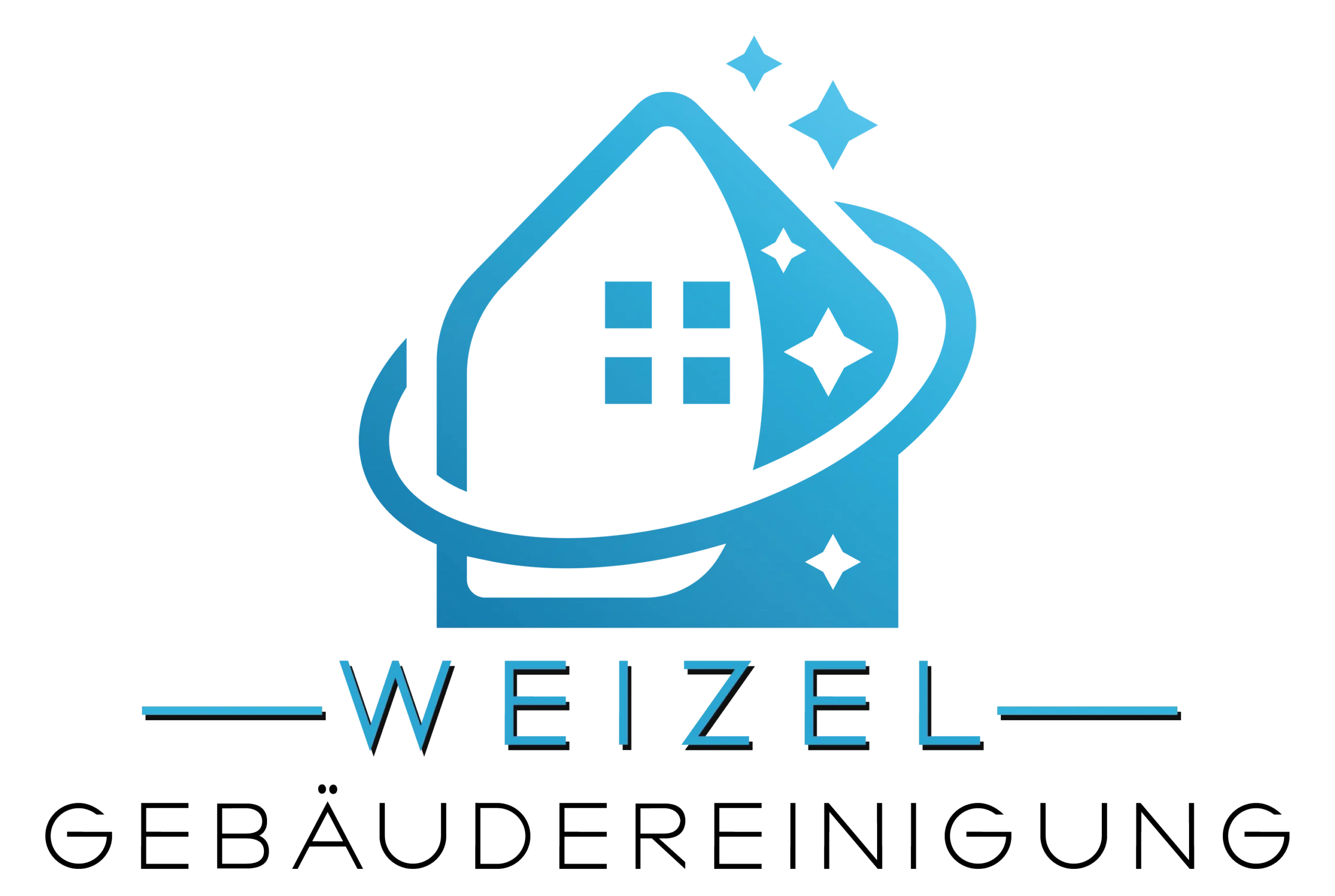 Dieses Bild zeigt das Logo von Weizel Gebäudereinigung. Es besteht aus einem stilisierten Haus mit einem umgebenden Schwung und leuchtenden Sternen, was Sauberkeit und Pflege symbolisiert. Der Firmenname "Weizel" ist unter dem Symbol in einer modernen Schriftart dargestellt. Das Logo steht für professionelle Reinigungsdienstleistungen und betont die Werte von Reinheit und Zuverlässigkeit, die das Unternehmen bietet.