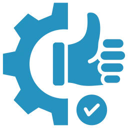Dieses Bildsymbol zeigt ein Zahnrad mit einem Daumen-hoch-Symbol und einem Häkchen. Es symbolisiert Flexibilität und Zuverlässigkeit.